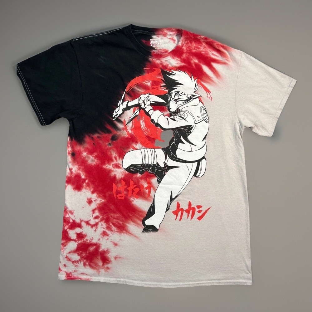Naruto Shippuden Kakashi T-Shirt Anime Half Tie Dye Manga Graphic Tee Y2K Sz LRG